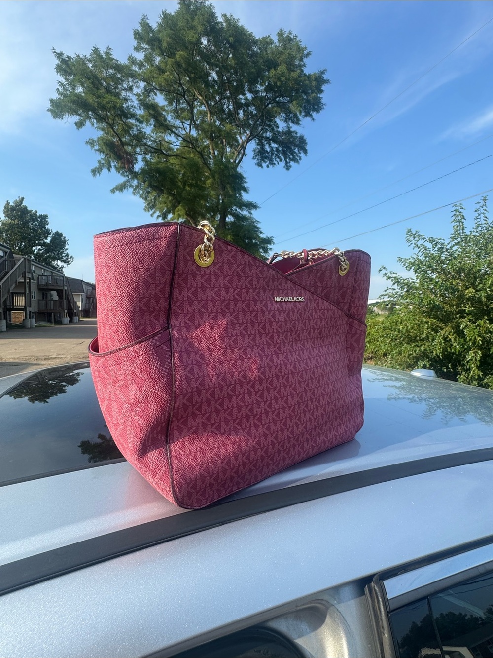 Michael Kors Raspberry Logo Tote with Gold Chain Straps